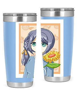 A cute anime girl holding a sunflower, featured on a stylish stainless steel tumbler, perfect for summer drinks.