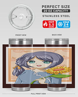 A cute anime girl holding a sunflower, featured on a stylish stainless steel tumbler, perfect for summer drinks.