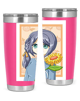 A cute anime girl holding a sunflower, featured on a stylish stainless steel tumbler, perfect for summer drinks.