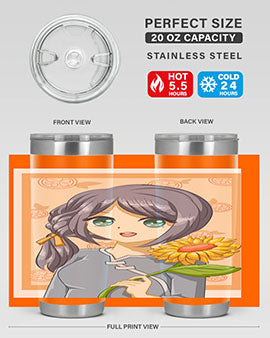 A cute anime girl holding a sunflower, featured on a stylish stainless steel tumbler, perfect for summer drinks.