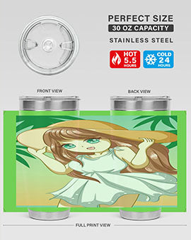 A cute girl in a white dress enjoying the beach, featured on a stylish tumbler.