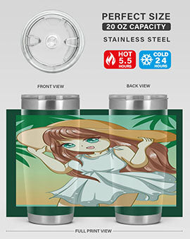 A cute girl in a white dress enjoying the beach, featured on a stylish tumbler.