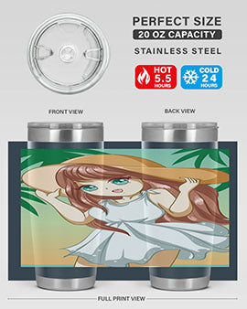 A cute girl in a white dress enjoying the beach, featured on a stylish tumbler.