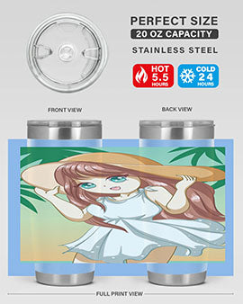 A cute girl in a white dress enjoying the beach, featured on a stylish tumbler.
