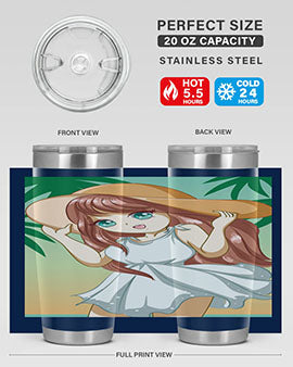 A cute girl in a white dress enjoying the beach, featured on a stylish tumbler.