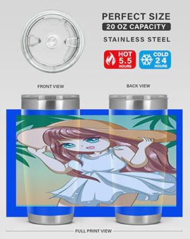 A cute girl in a white dress enjoying the beach, featured on a stylish tumbler.