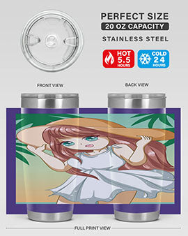 A cute girl in a white dress enjoying the beach, featured on a stylish tumbler.