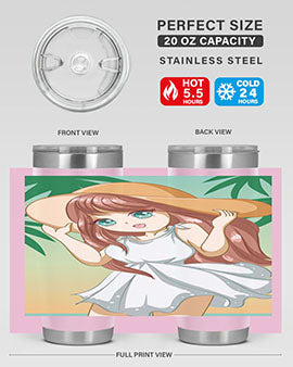A cute girl in a white dress enjoying the beach, featured on a stylish tumbler.