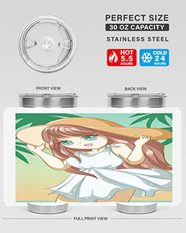 A cute girl in a white dress enjoying the beach, featured on a stylish tumbler.