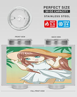 A cute girl in a white dress enjoying the beach, featured on a stylish tumbler.