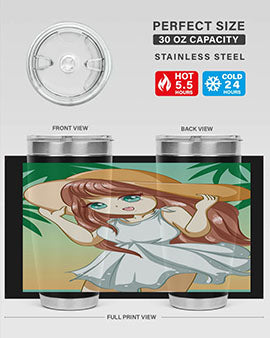 A cute girl in a white dress enjoying the beach, featured on a stylish tumbler.