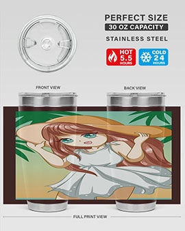 A cute girl in a white dress enjoying the beach, featured on a stylish tumbler.