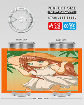 A cute girl in a white dress enjoying the beach, featured on a stylish tumbler.