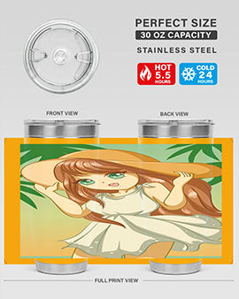 A cute girl in a white dress enjoying the beach, featured on a stylish tumbler.