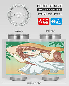 A cute girl in a white dress enjoying the beach, featured on a stylish tumbler.