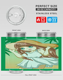 A cute girl in a white dress enjoying the beach, featured on a stylish tumbler.