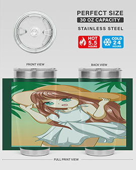 A cute girl in a white dress enjoying the beach, featured on a stylish tumbler.
