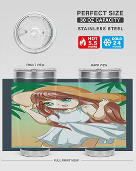 A cute girl in a white dress enjoying the beach, featured on a stylish tumbler.