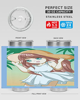 A cute girl in a white dress enjoying the beach, featured on a stylish tumbler.
