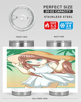 A cute girl in a white dress enjoying the beach, featured on a stylish tumbler.