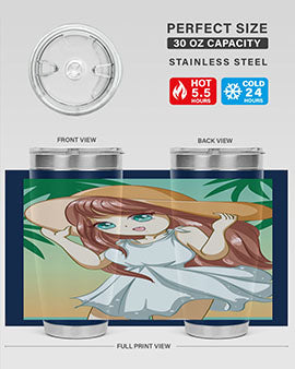 A cute girl in a white dress enjoying the beach, featured on a stylish tumbler.