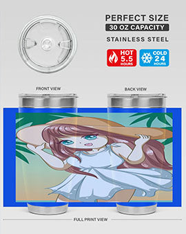 A cute girl in a white dress enjoying the beach, featured on a stylish tumbler.