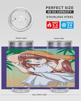A cute girl in a white dress enjoying the beach, featured on a stylish tumbler.