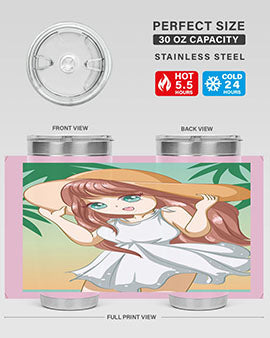 A cute girl in a white dress enjoying the beach, featured on a stylish tumbler.