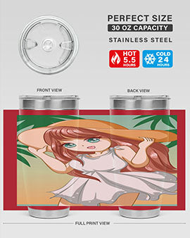 A cute girl in a white dress enjoying the beach, featured on a stylish tumbler.