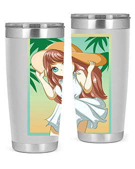 A cute girl in a white dress enjoying the beach, featured on a stylish tumbler.