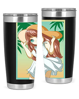 A cute girl in a white dress enjoying the beach, featured on a stylish tumbler.