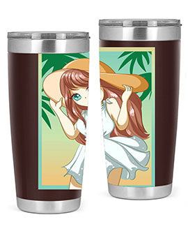 A cute girl in a white dress enjoying the beach, featured on a stylish tumbler.