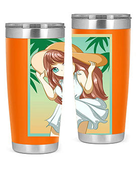 A cute girl in a white dress enjoying the beach, featured on a stylish tumbler.