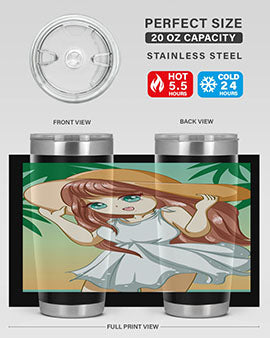 A cute girl in a white dress enjoying the beach, featured on a stylish tumbler.