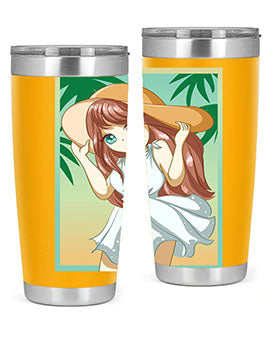A cute girl in a white dress enjoying the beach, featured on a stylish tumbler.