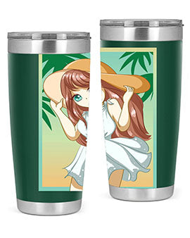A cute girl in a white dress enjoying the beach, featured on a stylish tumbler.
