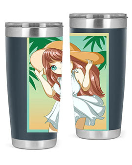 A cute girl in a white dress enjoying the beach, featured on a stylish tumbler.