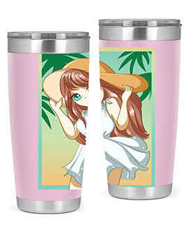 A cute girl in a white dress enjoying the beach, featured on a stylish tumbler.