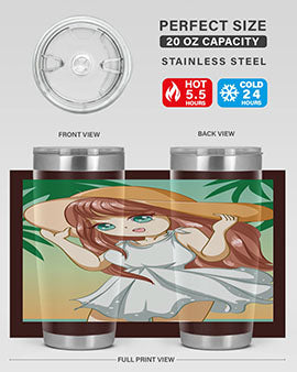 A cute girl in a white dress enjoying the beach, featured on a stylish tumbler.