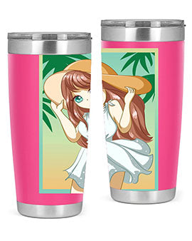 A cute girl in a white dress enjoying the beach, featured on a stylish tumbler.