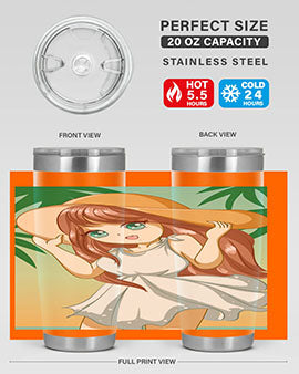 A cute girl in a white dress enjoying the beach, featured on a stylish tumbler.