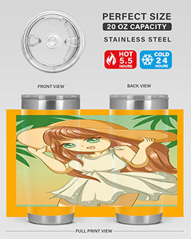 A cute girl in a white dress enjoying the beach, featured on a stylish tumbler.