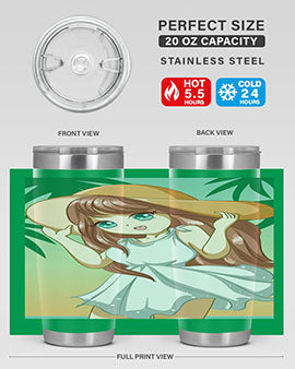 A cute girl in a white dress enjoying the beach, featured on a stylish tumbler.