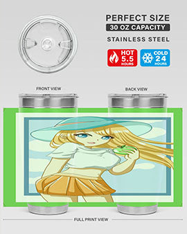 Cute tumbler featuring a girl with yellow hair holding an apple, perfect for summer drinks.