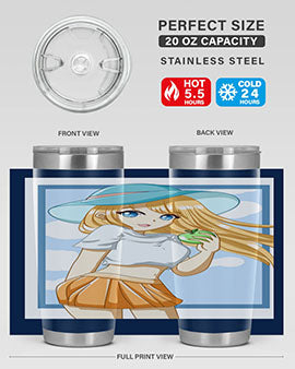 Cute tumbler featuring a girl with yellow hair holding an apple, perfect for summer drinks.