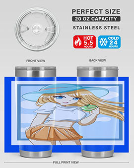 Cute tumbler featuring a girl with yellow hair holding an apple, perfect for summer drinks.