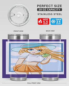 Cute tumbler featuring a girl with yellow hair holding an apple, perfect for summer drinks.