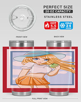Cute tumbler featuring a girl with yellow hair holding an apple, perfect for summer drinks.