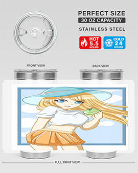 Cute tumbler featuring a girl with yellow hair holding an apple, perfect for summer drinks.