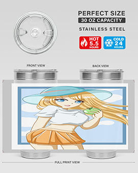 Cute tumbler featuring a girl with yellow hair holding an apple, perfect for summer drinks.